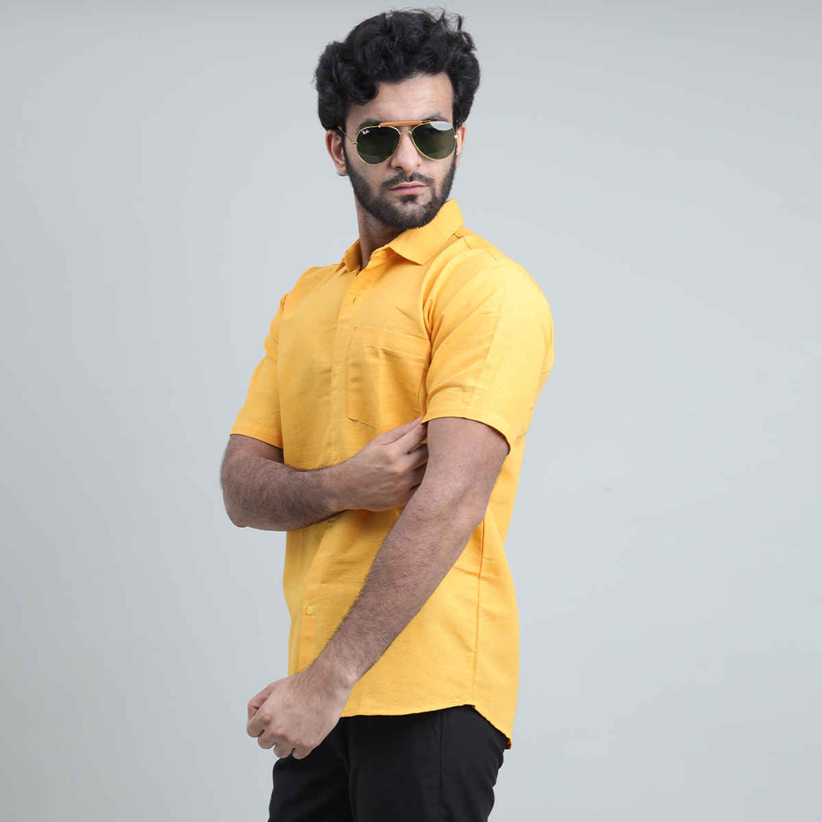 Mad Over Print Men's Mustard Classic Handloom Khadi Shirt - M
