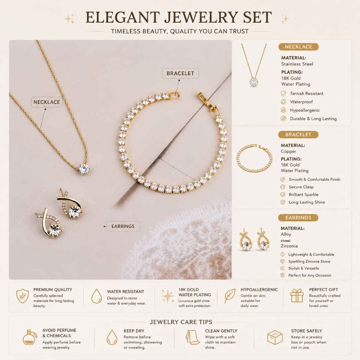 BeautyNX Gold-Plated Zircon Pendant, Stud Earrings & Tennis Bracelet Combo Set