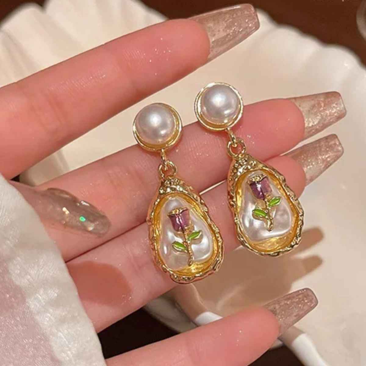 Estailo Fashion Pearl Rose Statement Earrings | E0000225 | Gold