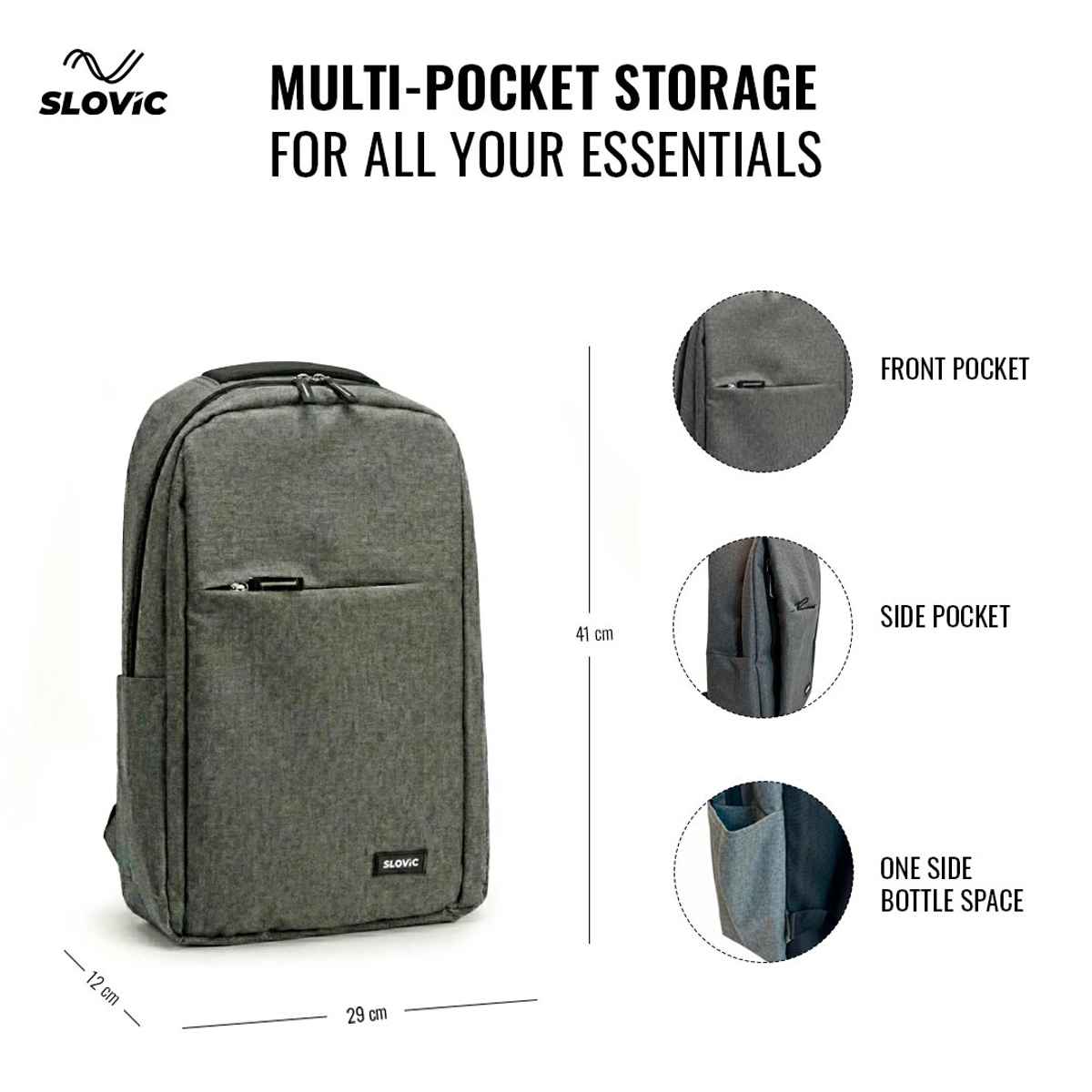 Slovic 16" Polyester Laptop Backpack with Multi Compartments (Grey) | Comfortable & Lightweight