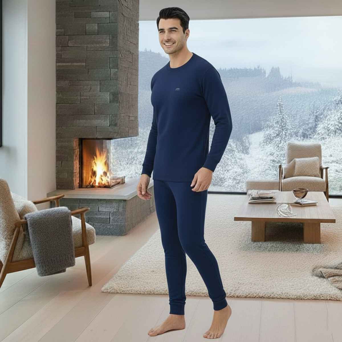 Lux Cottswool Men's Full Sleves Round Neck Thermal Top And Bottom Set | Blue | 95Cm