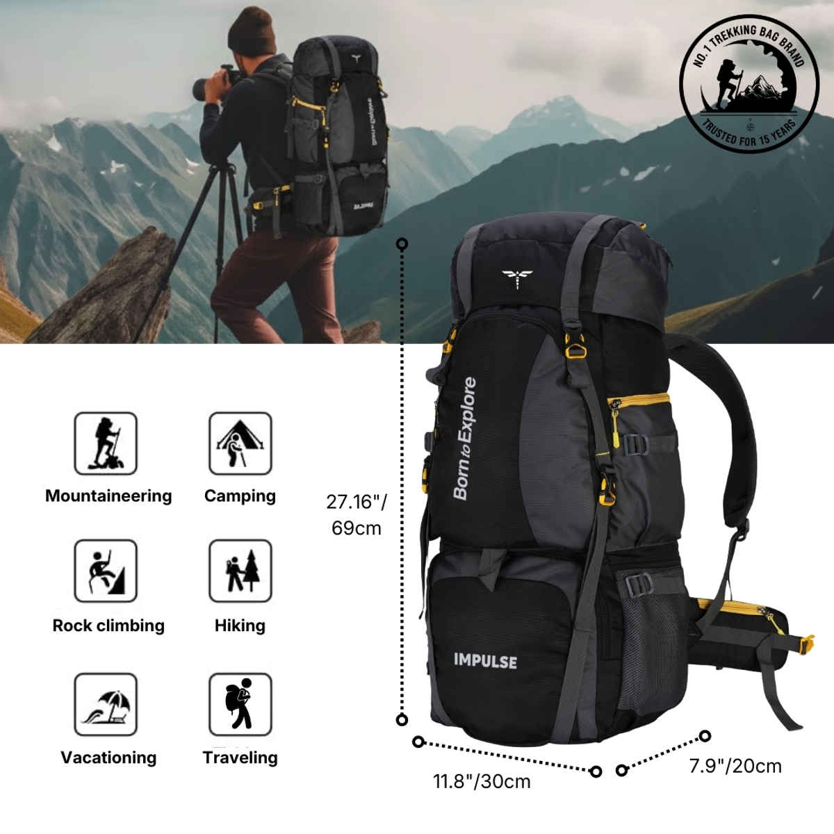 Impulse Curve Waterproof Trekking Backpack with Rain Cover | Black - 80 L