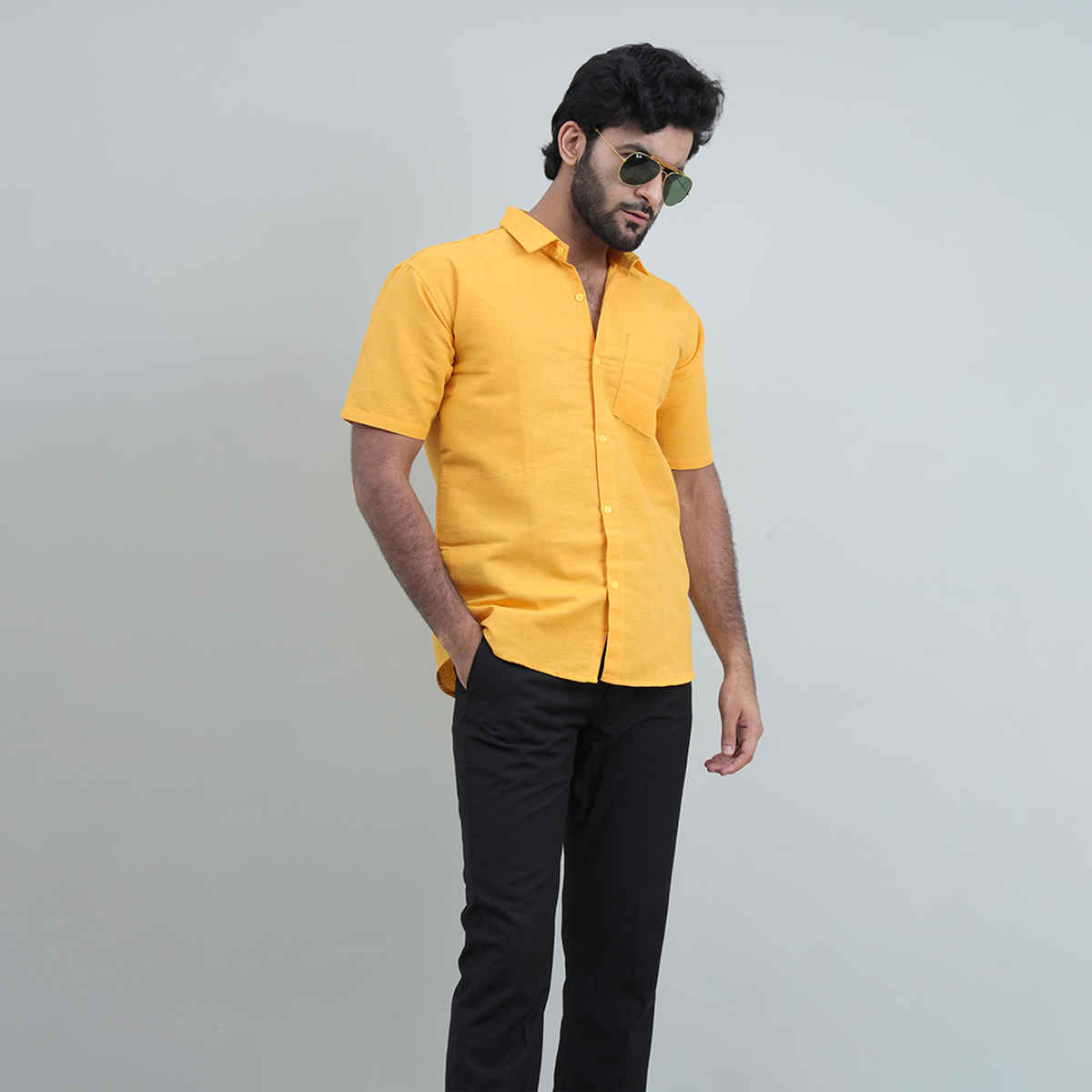 Mad Over Print Men's Mustard Classic Handloom Khadi Shirt - M