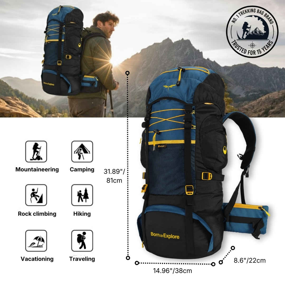 Impulse Banyan Trekking Rucksack with Rain Cover | Blue - 75 L