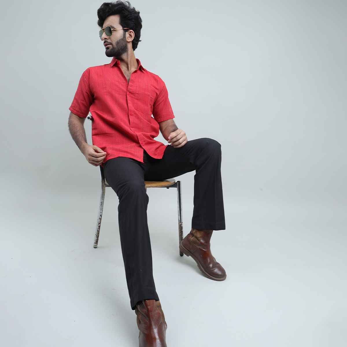 Mad Over Print Men's Handloom Textured Khadi Shirt | Red - XXL