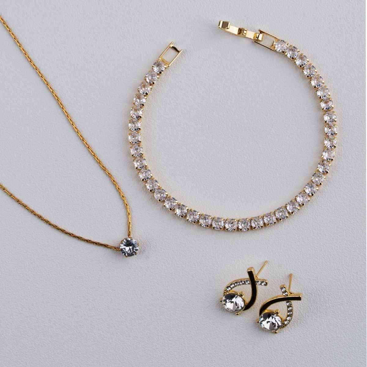 BeautyNX Gold-Plated Zircon Pendant, Stud Earrings & Tennis Bracelet Combo Set