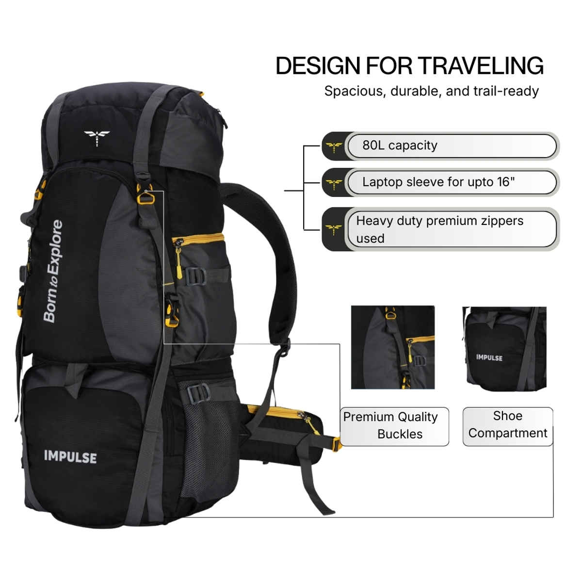 Impulse Curve Waterproof Trekking Backpack with Rain Cover | Black - 80 L