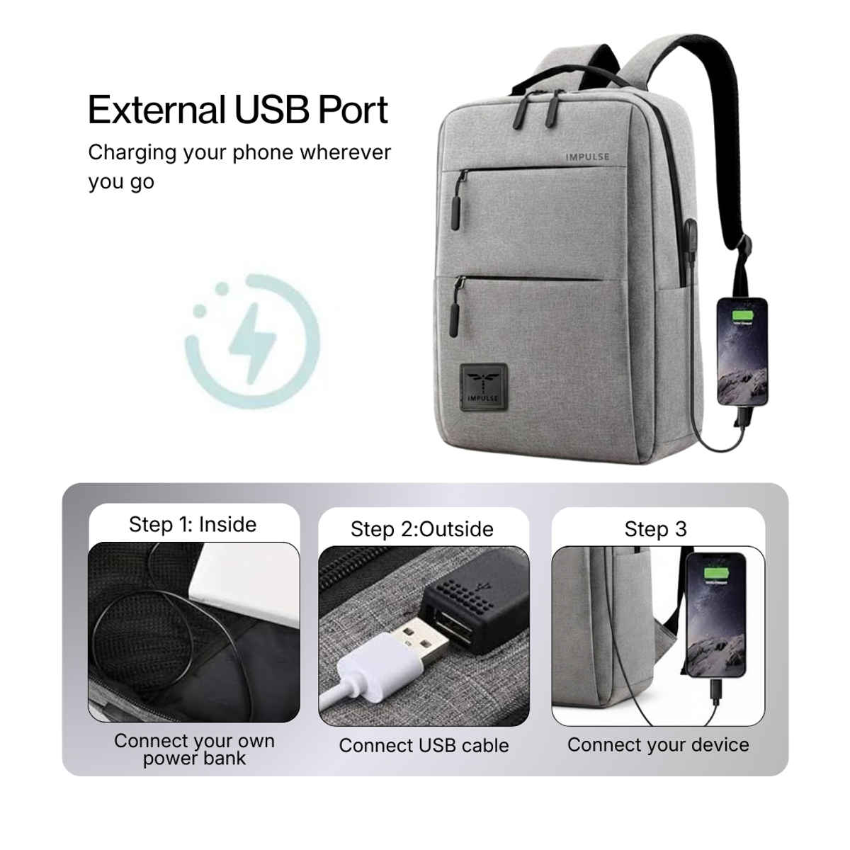 Impulse EmpowerElite II Slim Laptop Backpack with USB Charging | Grey - 25 L
