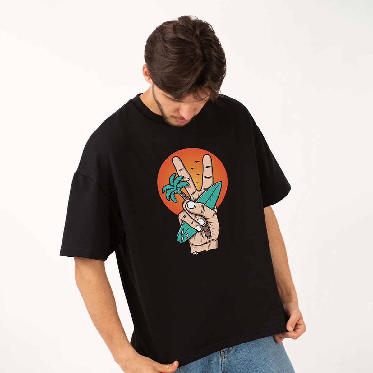 Mad Over Print Men's Beach peace Oversized T-shirt | Black - M