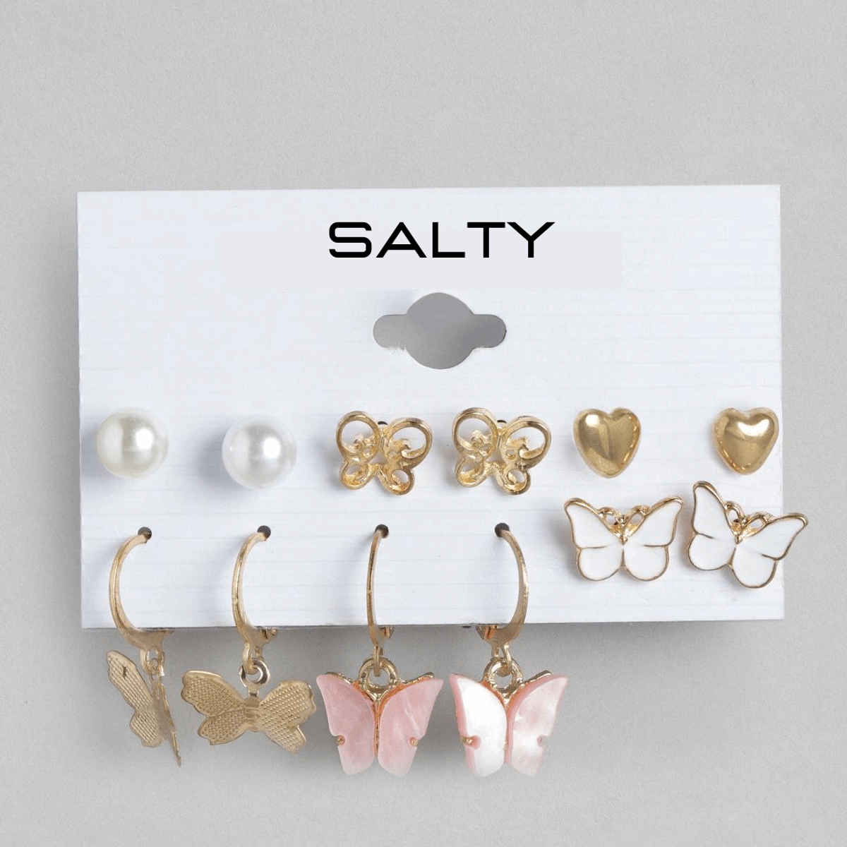 SALTY Set of 6 Butterfly Drop Earrings and Studs for Women and Girls| Anti-Tarnish | Gold and Pink