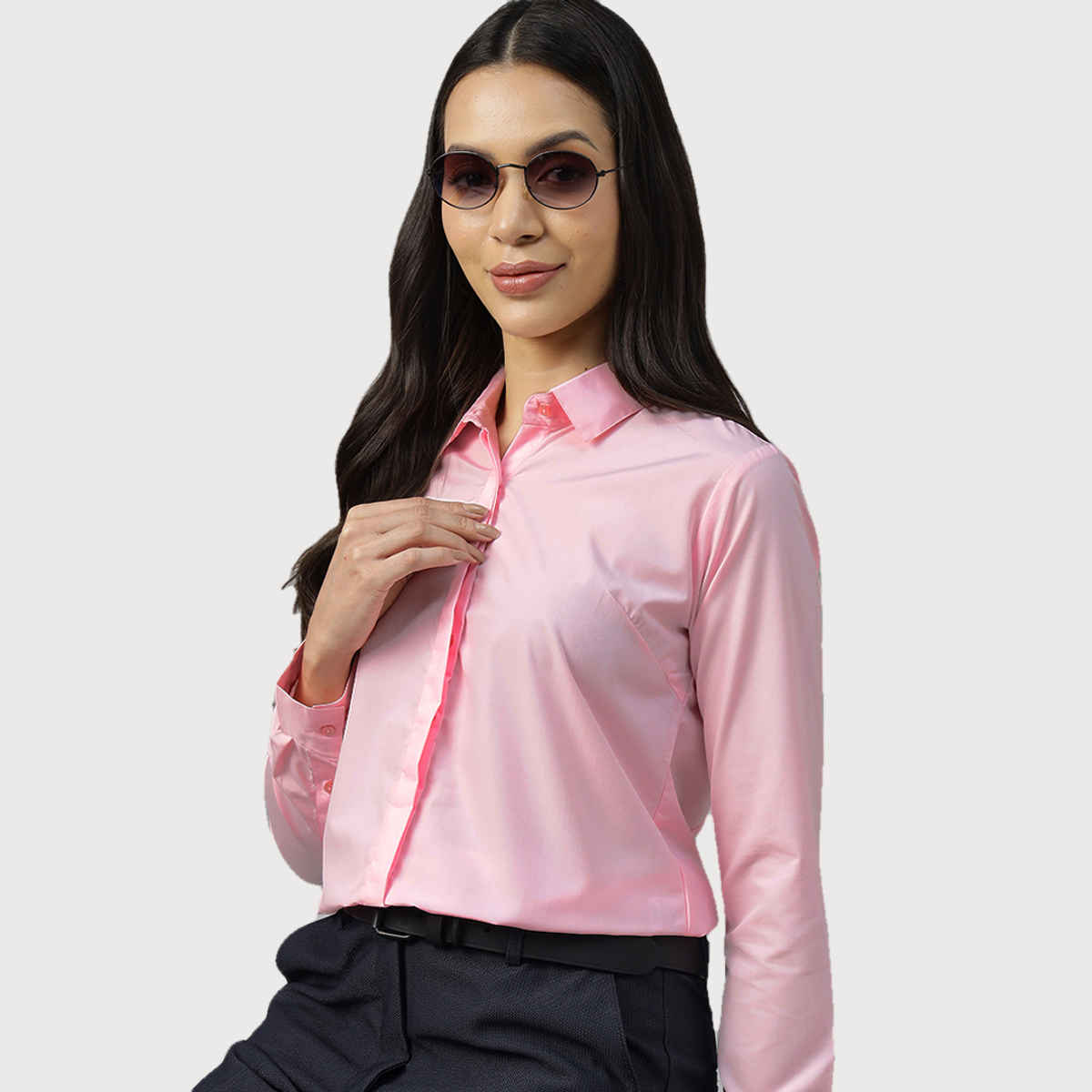 English Navy Women's Solid Regular Fit Polyester Formal Shirt | Pink - L