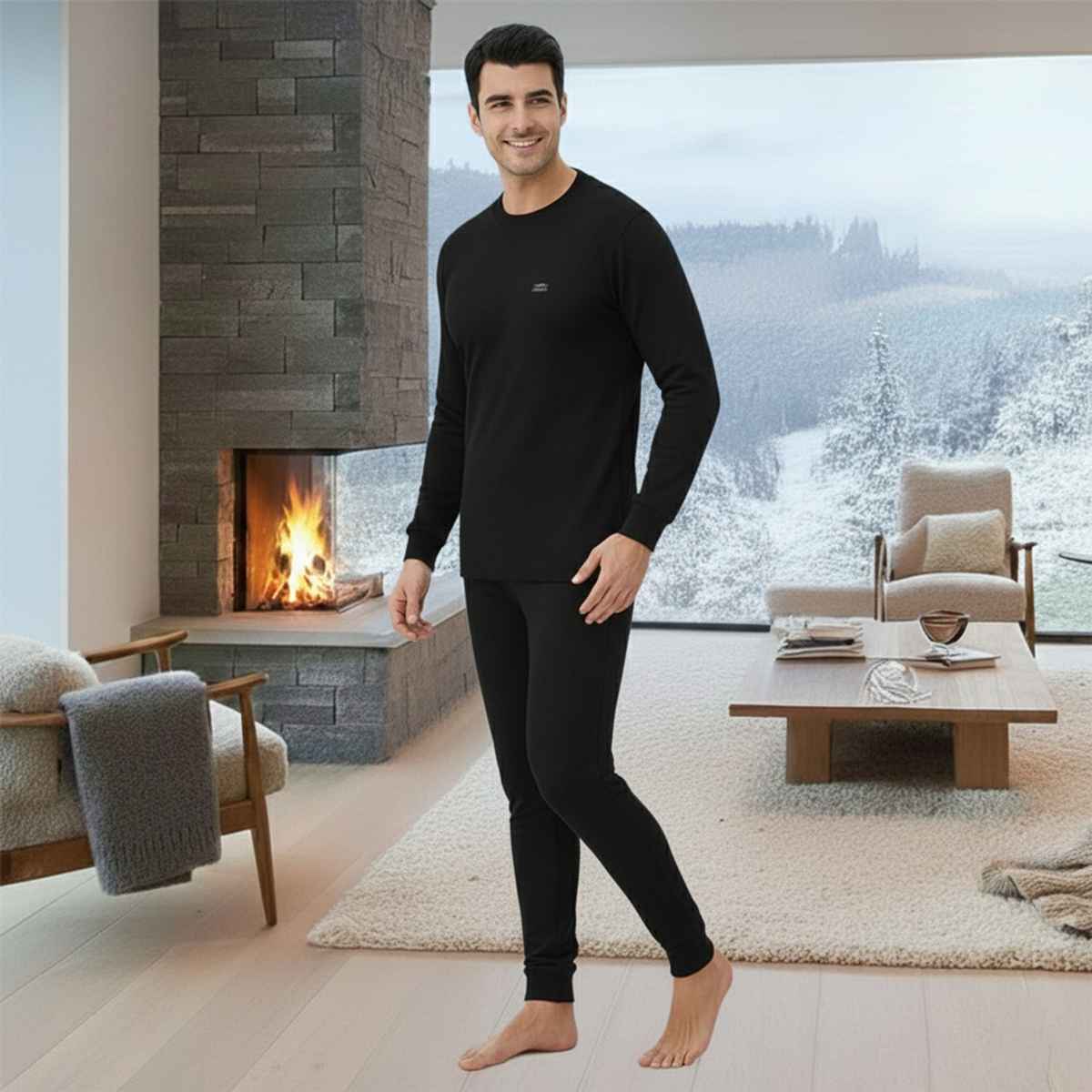 Lux Cottswool Men's Full Sleves Round Neck Thermal Top And Bottom Set - Black | 100 cm