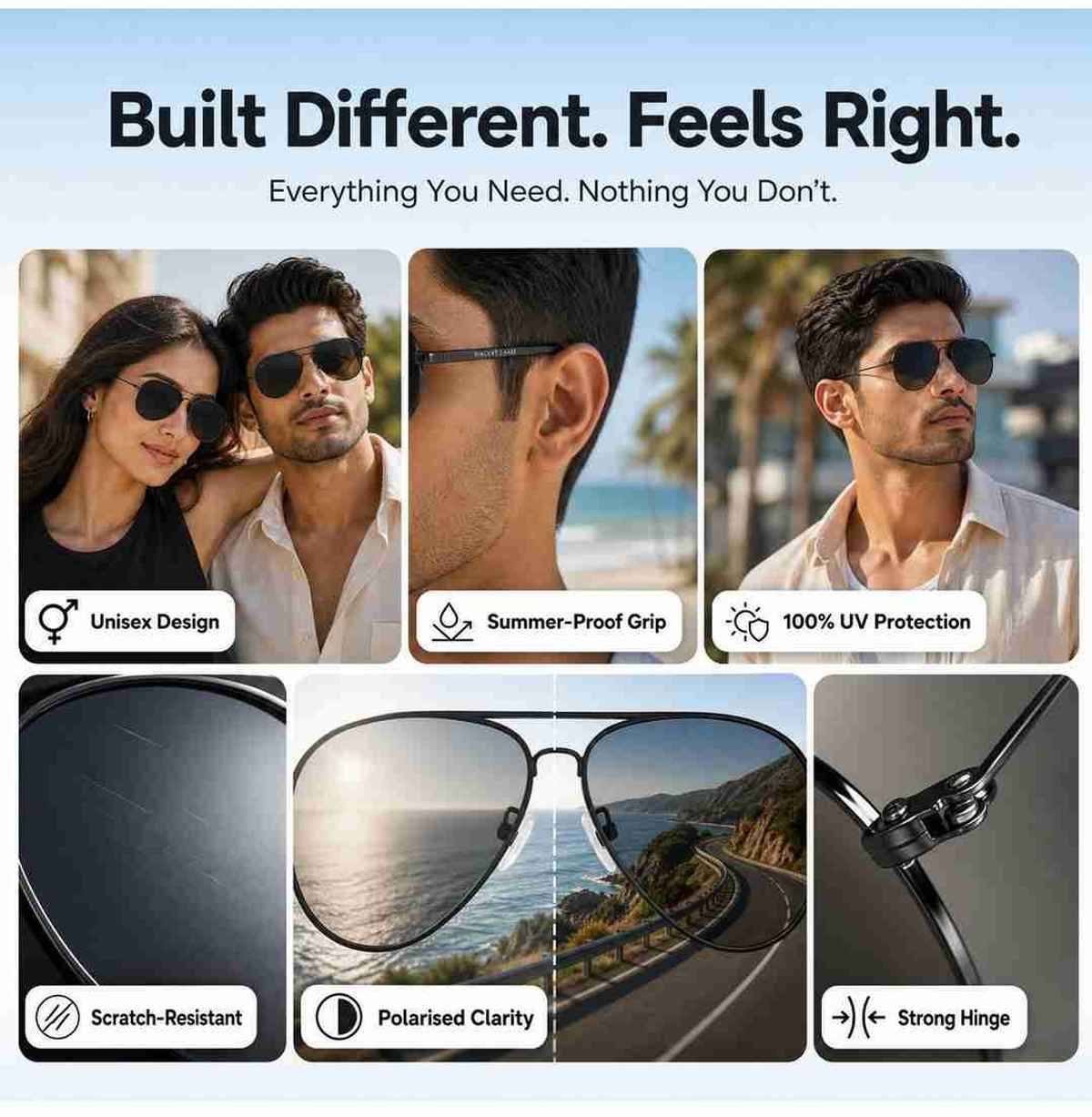 Vincent Chase By Lenskart Unisex Solid Metal Aviator Sunglasses | Black - M