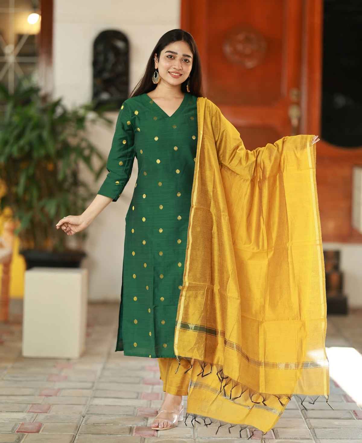 GoSriKi Women's Rayon Blend Straight Polka-Dot Kurta with Pant & Dupatta | SDF | Green - L