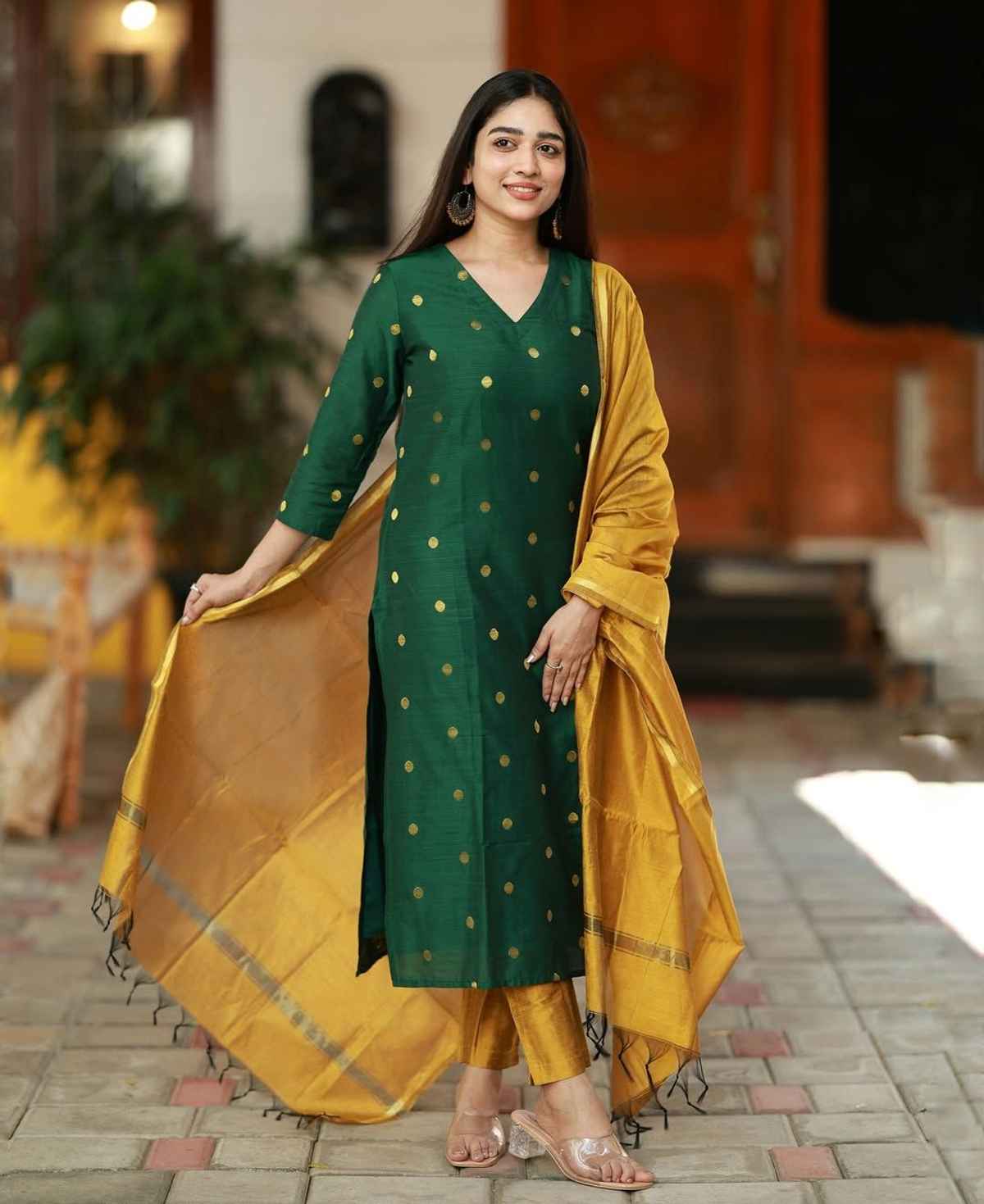 GoSriKi Women's Rayon Blend Straight Polka-Dot Kurta with Pant & Dupatta | SDF | Green - L