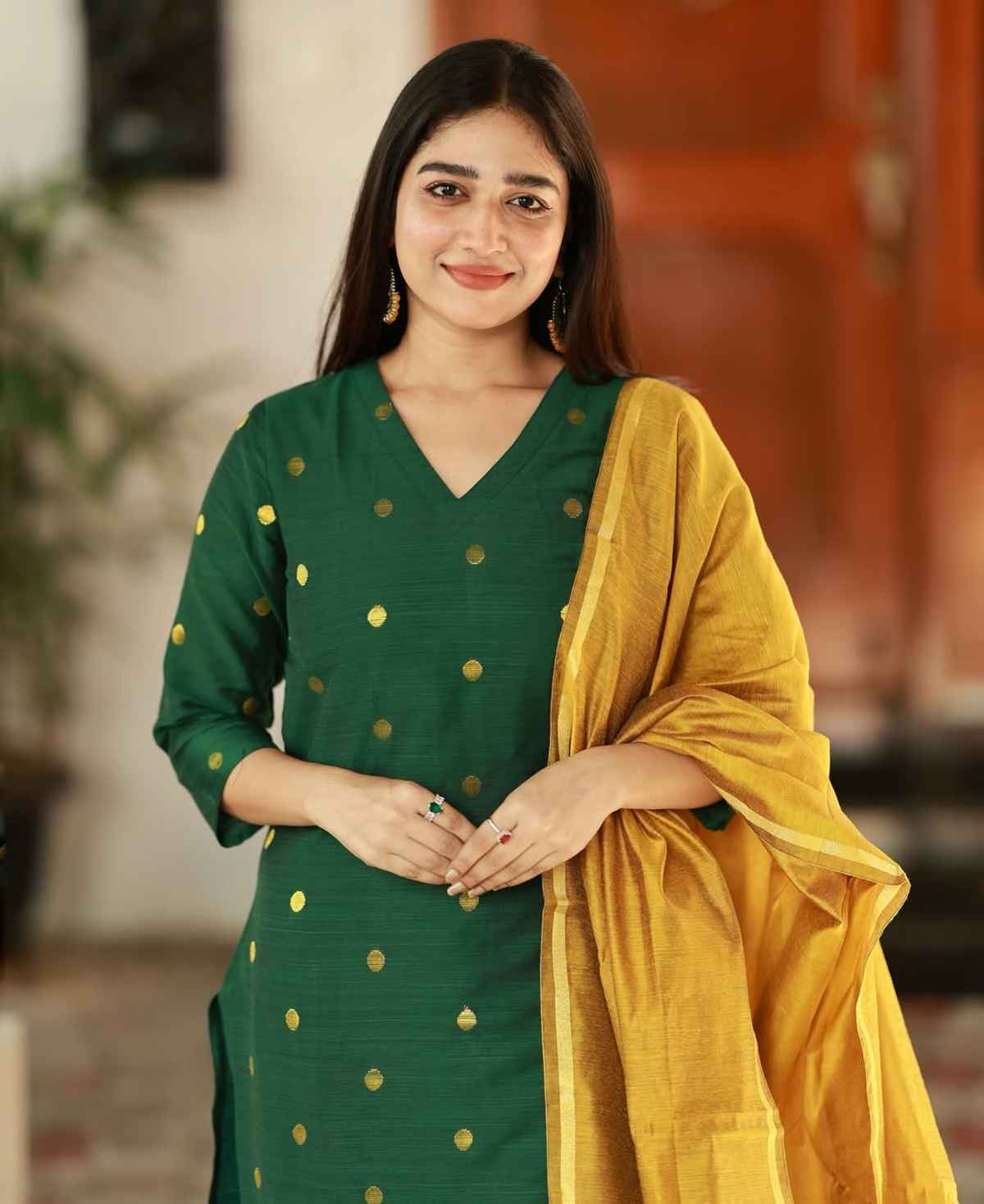 GoSriKi Women's Rayon Blend Straight Polka-Dot Kurta with Pant & Dupatta | SDF | Green - L