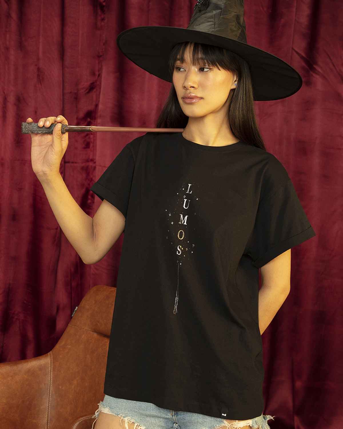 Bewakoof Harry Potter Merchandise Women's Lumos Graphic Printed Boyfriend T-shirt | Black - XL