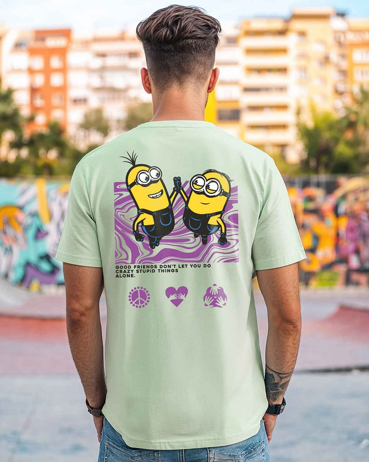 Bewakoof Official Minions Merchandise Men's Best Buds Graphic Printed T-shirt | Green - S