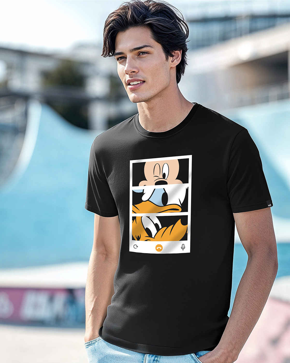 Bewakoof Disney Merchandise Men's Black Mickey Trio Call (DL) Graphic Printed T-shirt(2XL)