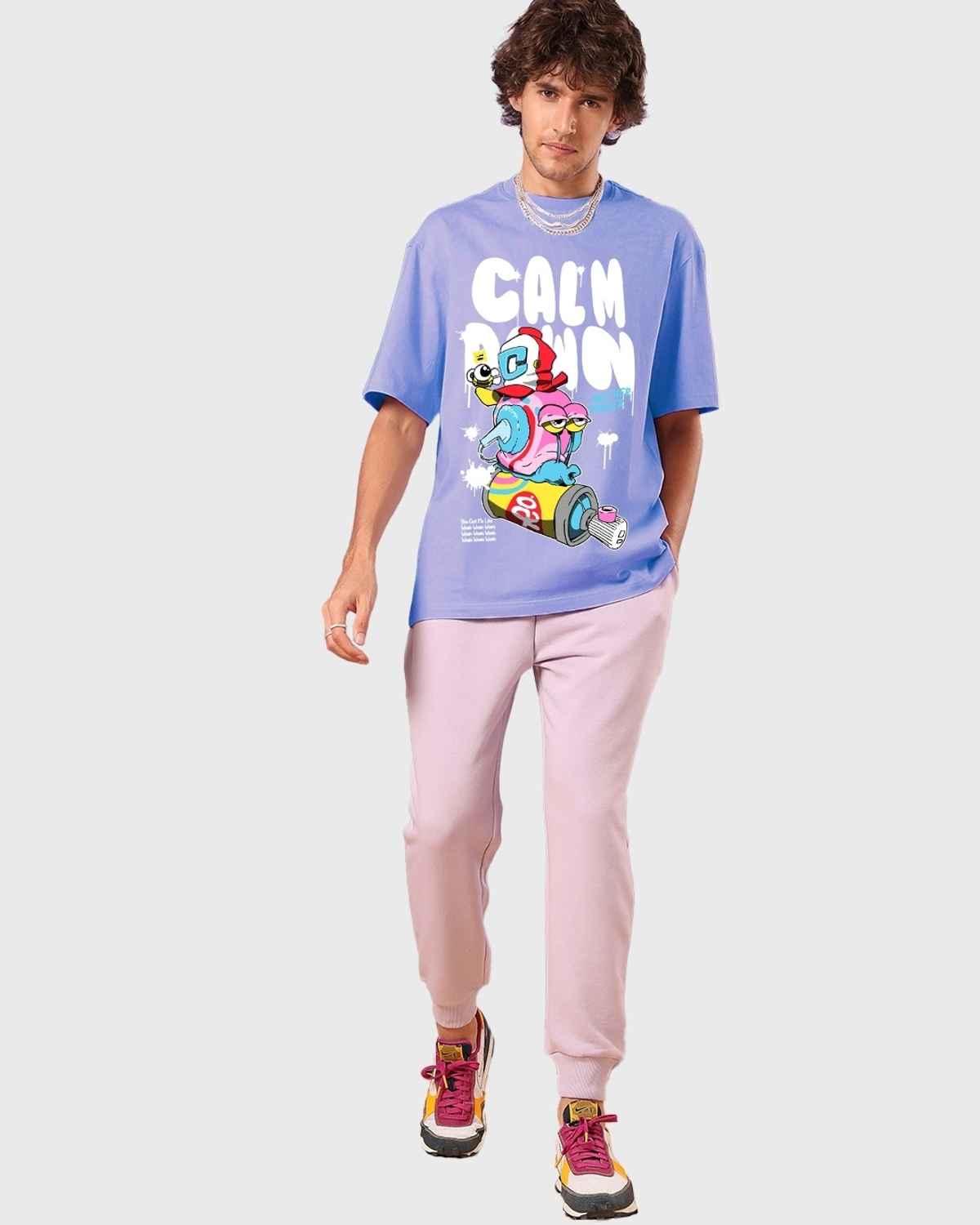 Bewakoof Men's Baby Lavender Calm Down Graphic Printed Oversized T-shirt | Purple | L