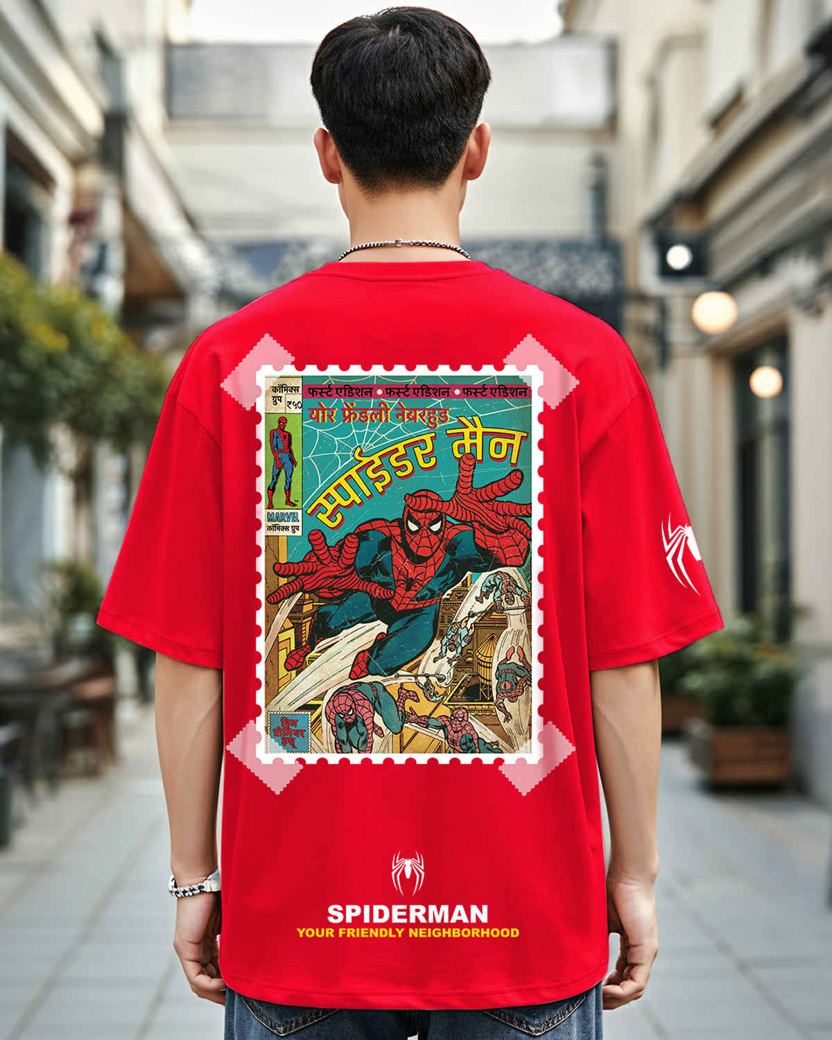 Bewakoof Men's Marvel Spiderman Truck Graphic Printed Oversized T-shirt | Bold Red - S