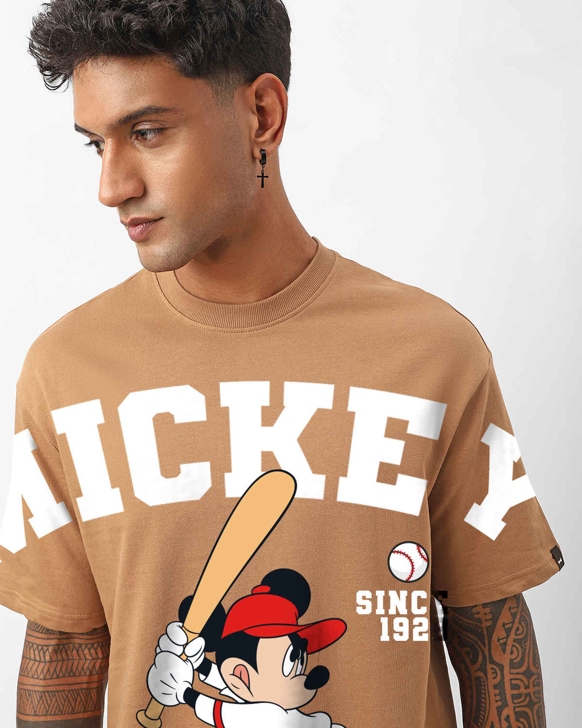 Bewakoof Men's Disney Mickey Graphic Printed Oversized T-shirt | Camel Brown - L