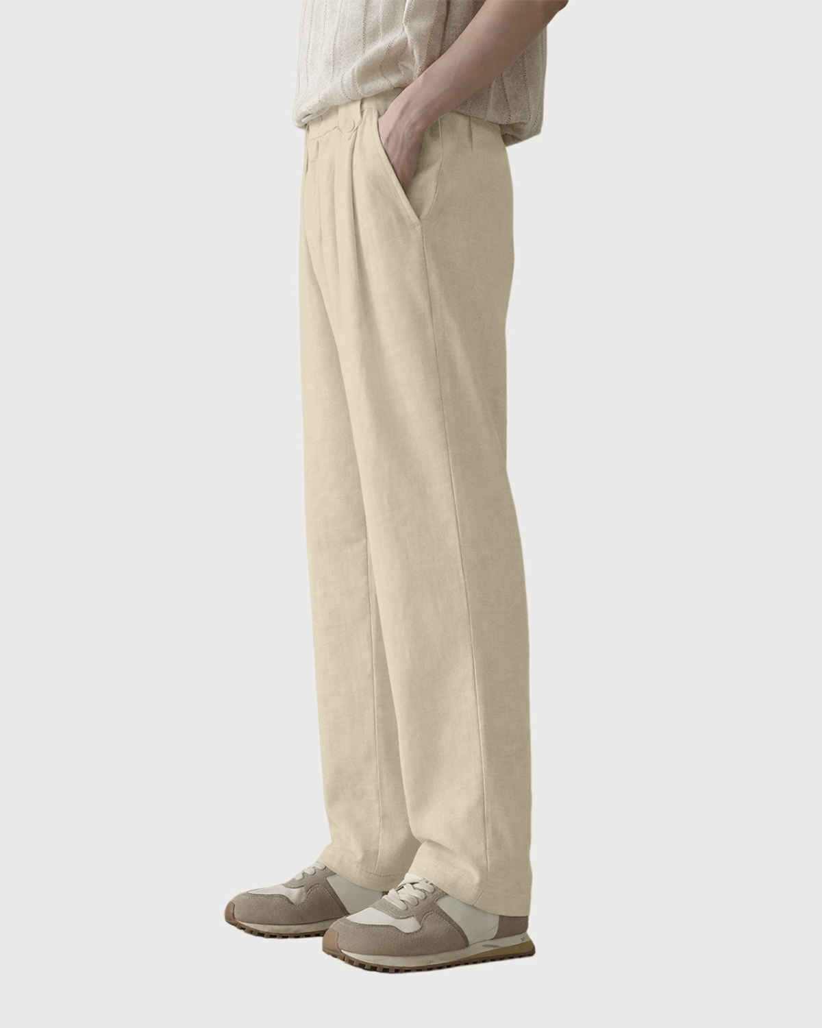 FTX Men's Solid Straight Fit Cotton Linen Trouser | Light Beige - 34
