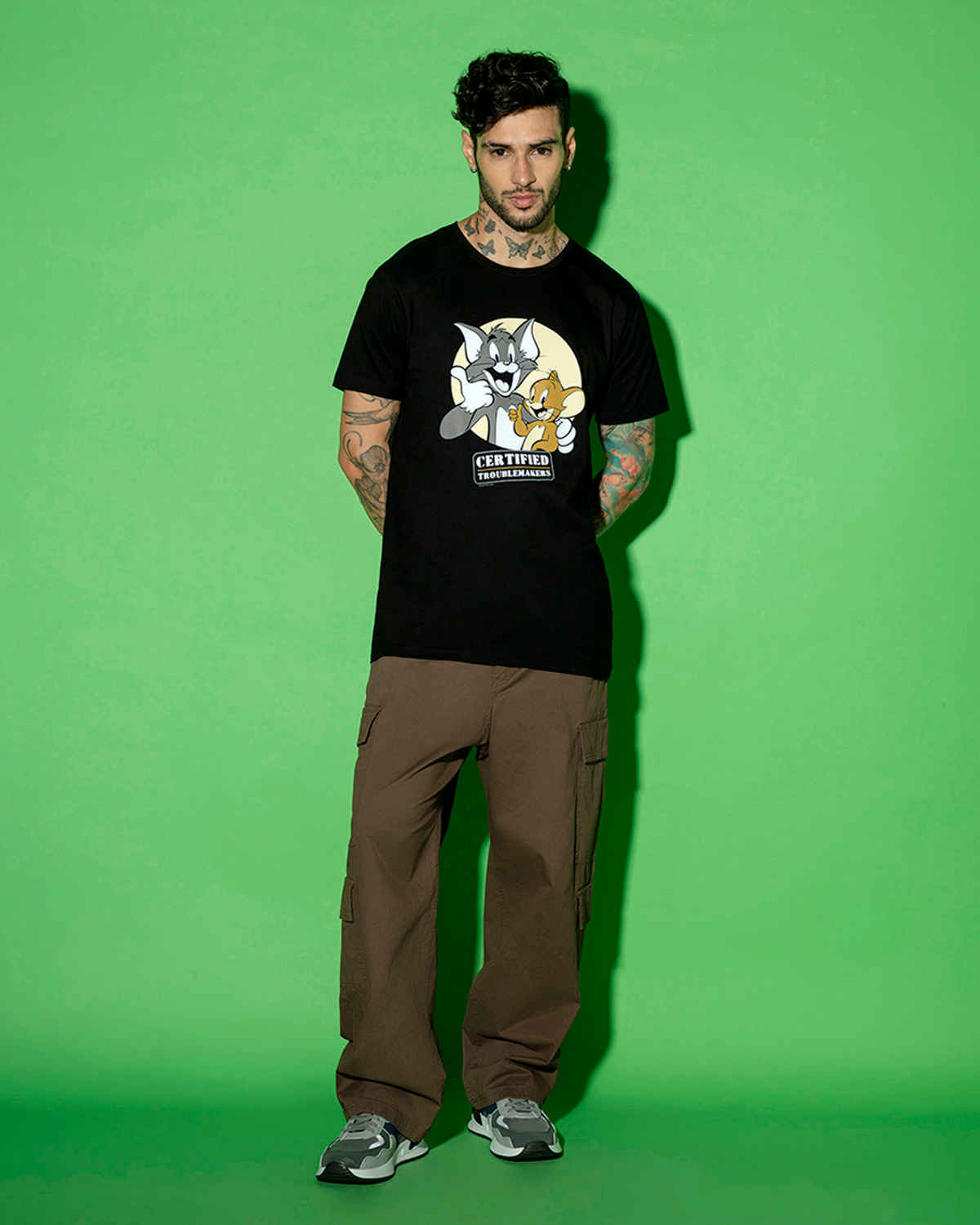 Bewakoof Tom & Jerry Men's Black Certified Troublemakers (TJL) Graphic Printed T-shirt - L