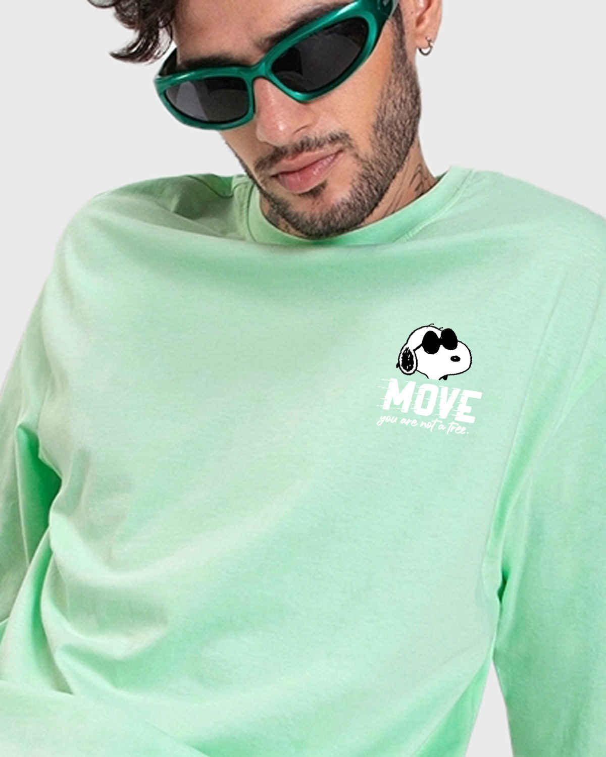 Bewakoof Official Peanuts Merchandise Men's Move On Graphic Printed Oversized T-shirt | Green - L