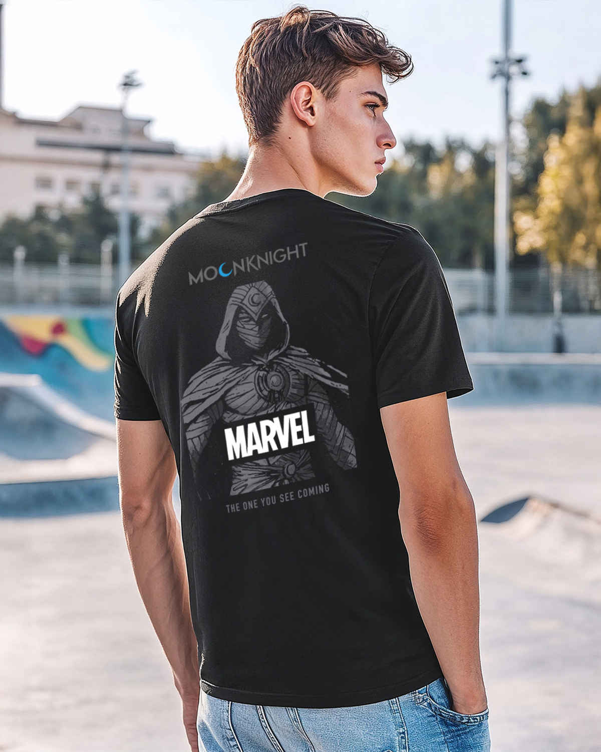 Bewakoof Official Marvel Merchandise Men's Marvel Moon Knight Graphic Printed T-shirt | Black | XL