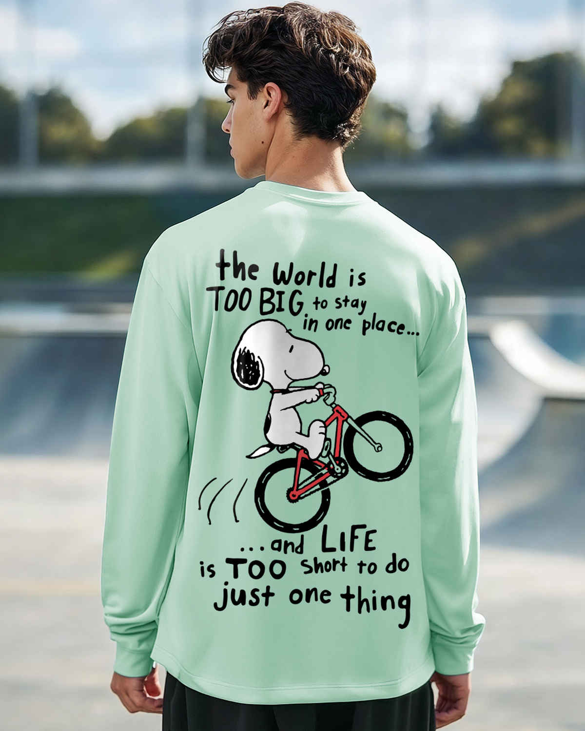 Bewakoof Official Peanuts Merchandise Men's Move On Graphic Printed Oversized T-shirt | Green - L