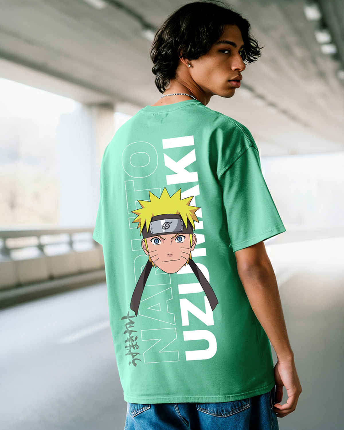 Bewakoof Men's Naruto Naruto Graphic Printed Oversized T-shirt | Granite Green - M