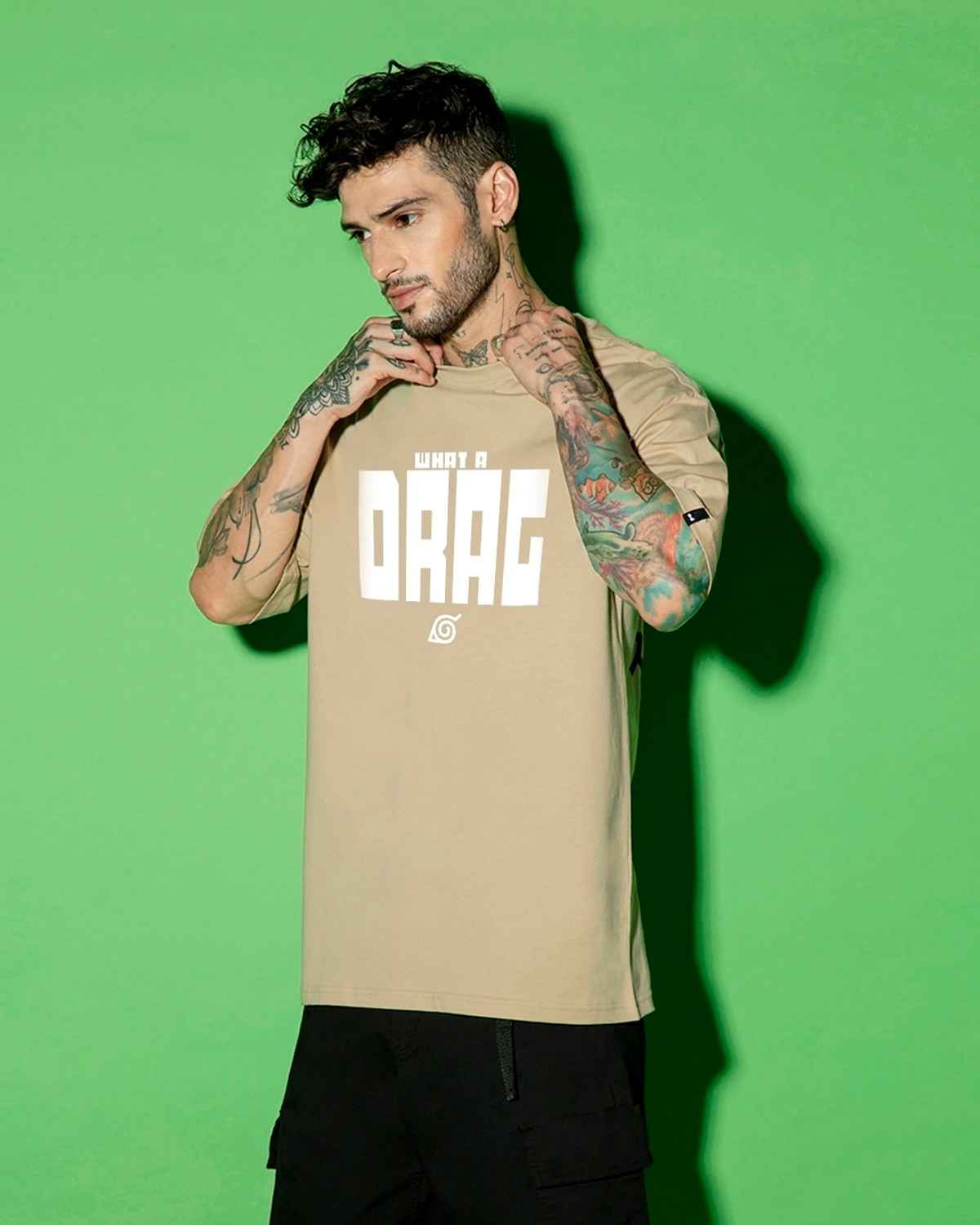 Bewakoof Men's Official Naruto Shikamaru Drag Graphic Printed Oversized T-shirt | Brown - S