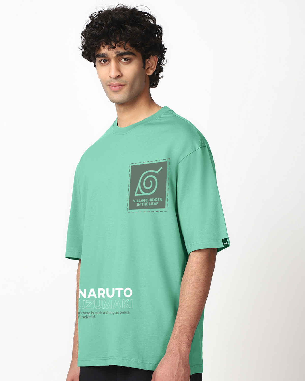 Bewakoof Men's Naruto Naruto Graphic Printed Oversized T-shirt | Granite Green - M
