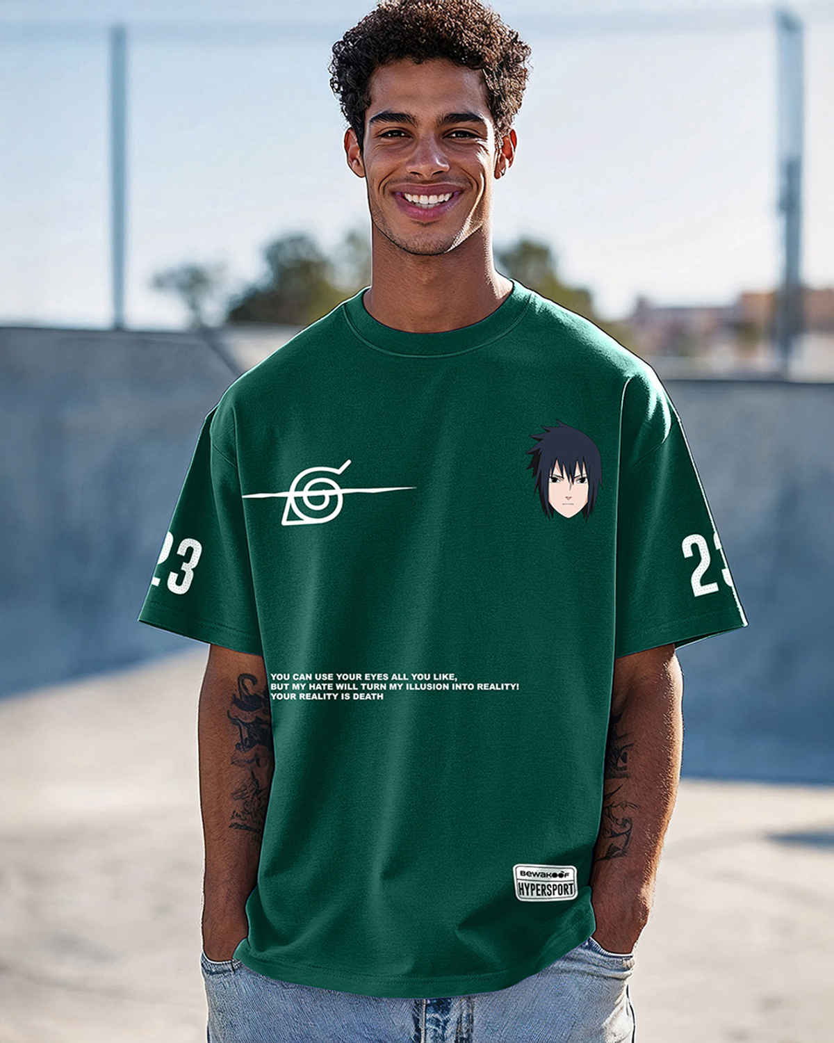 Bewakoof Men's Naruto Sasuke Graphic Printed Oversized T-shirt | Green - XL