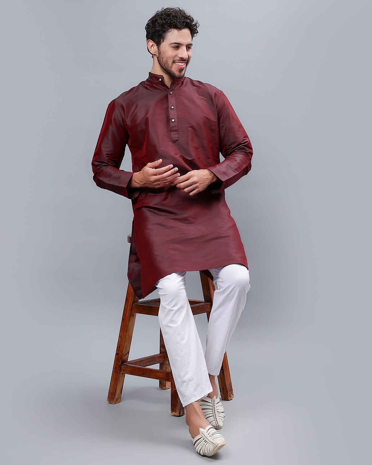 Mad Over Print Men's Silk Blended Kurta | Maroon - XL