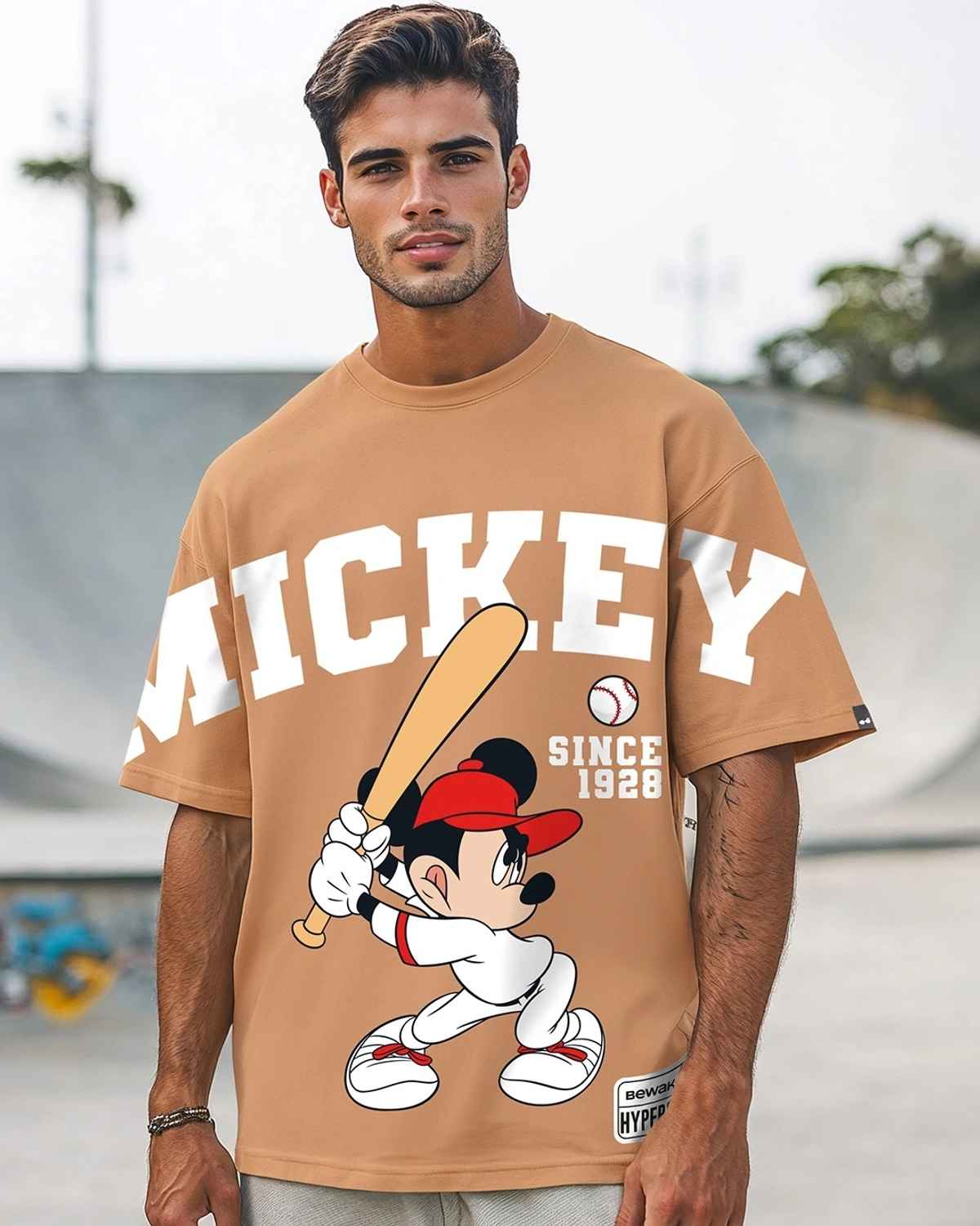 Bewakoof Men's Disney Mickey Graphic Printed Oversized T-shirt | Camel Brown - M