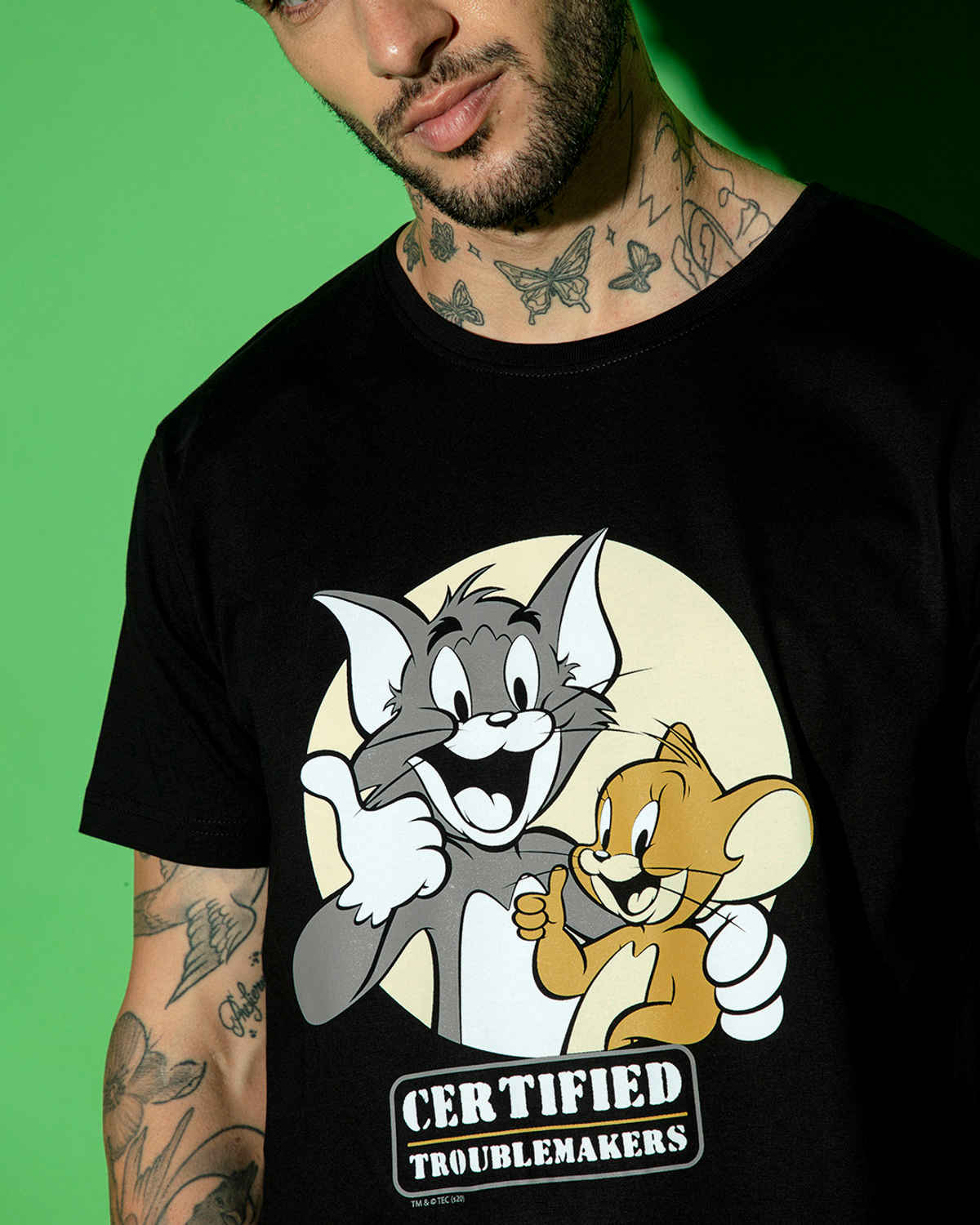 Bewakoof Tom & Jerry Men's Black Certified Troublemakers (TJL) Graphic Printed T-shirt - L