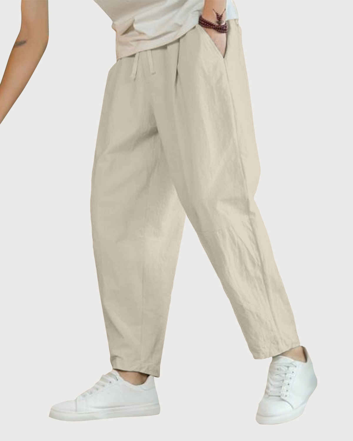 FTX Men's Solid Tapered Fit Cotton Linen Trouser | Dark Beige - 36