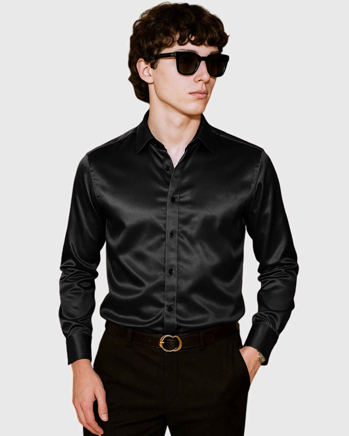 Men's Satin Full Sleeve Spread Collar Solid Polyester Regular Fit Shirt - Black, S