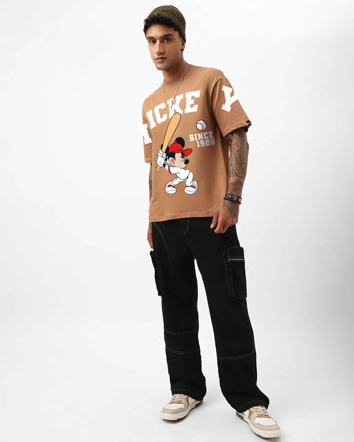 Bewakoof Men's Disney Mickey Graphic Printed Oversized T-shirt | Camel Brown - L
