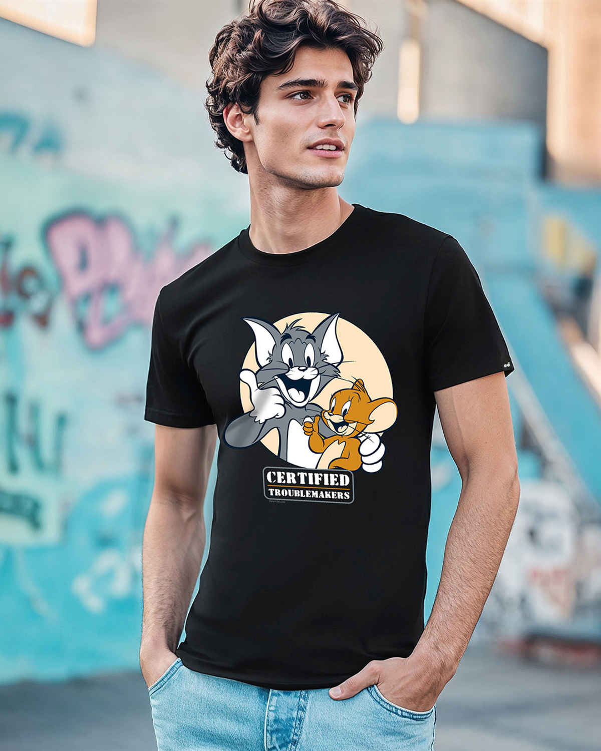 Bewakoof Tom & Jerry Men's Black Certified Troublemakers (TJL) Graphic Printed T-shirt - L