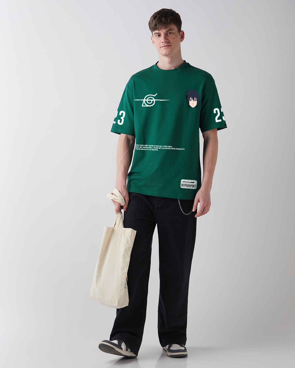 Bewakoof Men's Naruto Sasuke Graphic Printed Oversized T-shirt | Green - XL