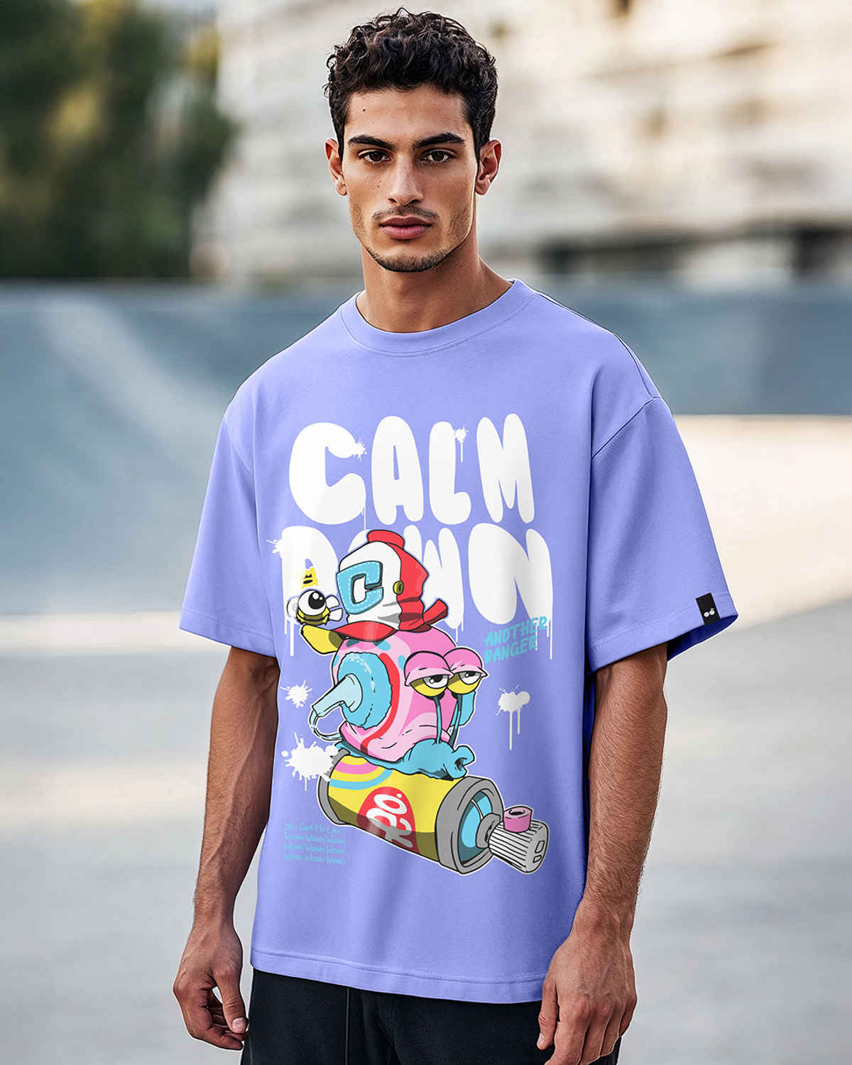 Bewakoof Men's Baby Lavender Calm Down Graphic Printed Oversized T-shirt | Purple | L