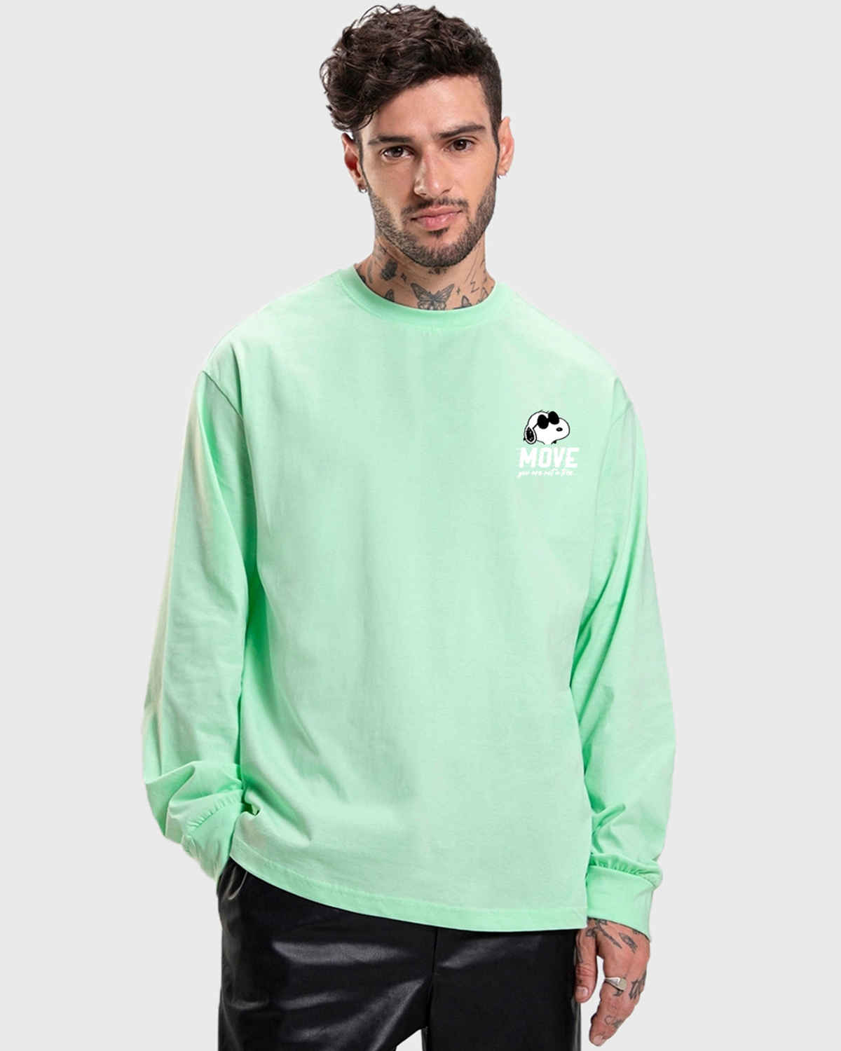 Bewakoof Official Peanuts Merchandise Men's Move On Graphic Printed Oversized T-shirt | Green - L