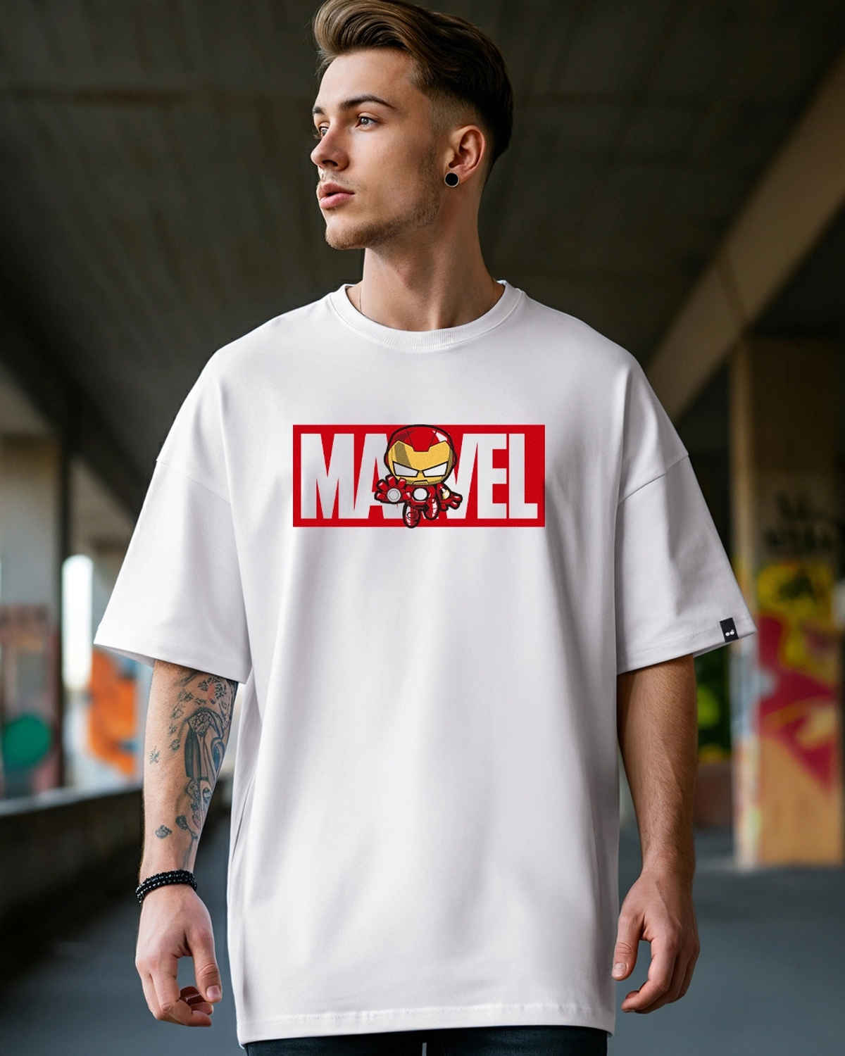 Bewakoof Men's Marvel Ironman Typography Oversized T-shirt | White - M