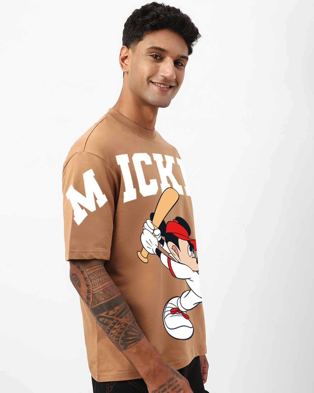 Bewakoof Men's Disney Mickey Graphic Printed Oversized T-shirt | Camel Brown - M