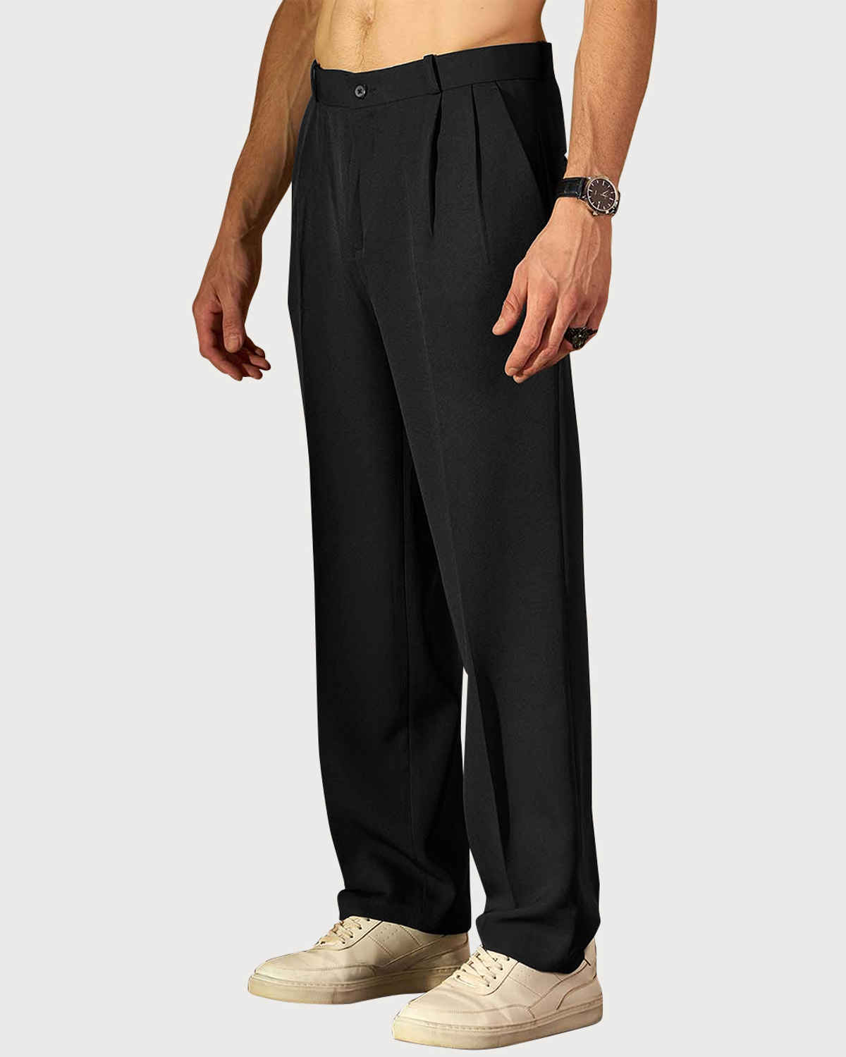 FTX Men's Solid Baggy & Straight Fit Polyester Trouser | Black - 30