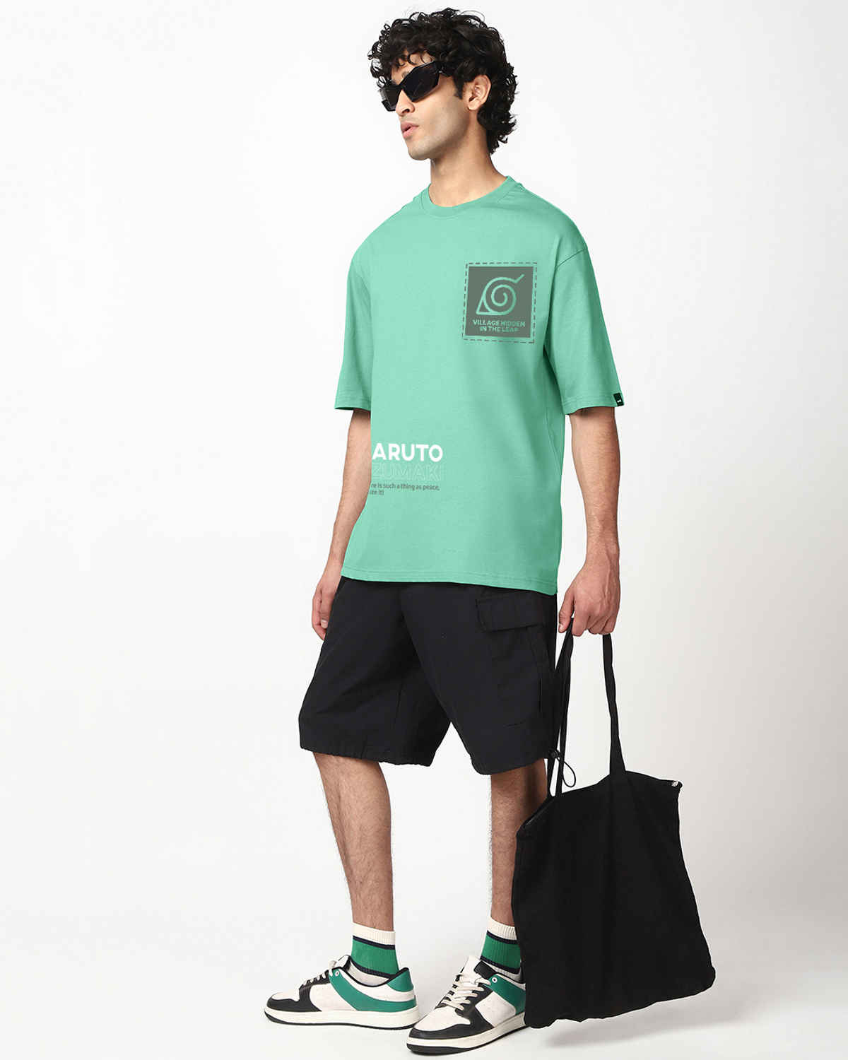 Bewakoof Men's Naruto Naruto Graphic Printed Oversized T-shirt | Granite Green - M