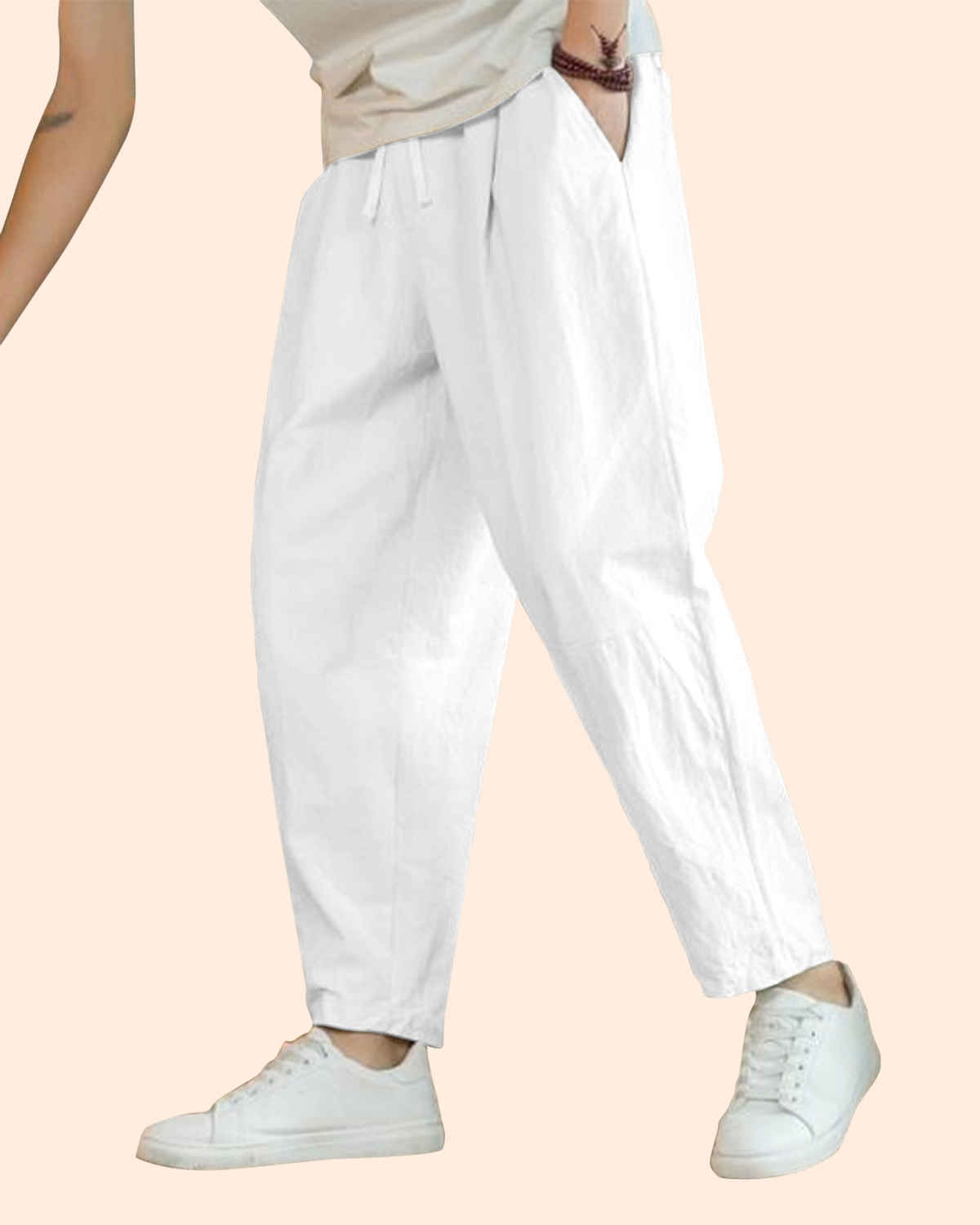 FTX Men's Solid Tapered Fit Cotton Linen Trouser | White - 34